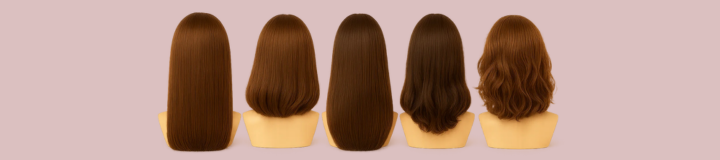 Wigs on mannequin heads over a pink background